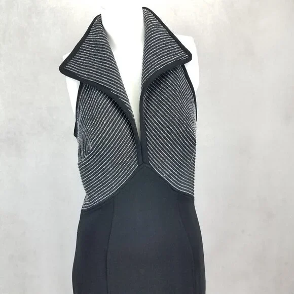 Tadashi Shoji Size M Long Maxi Evening Dress Front Slit Black / Silver Vintage - Picture 3 of 13